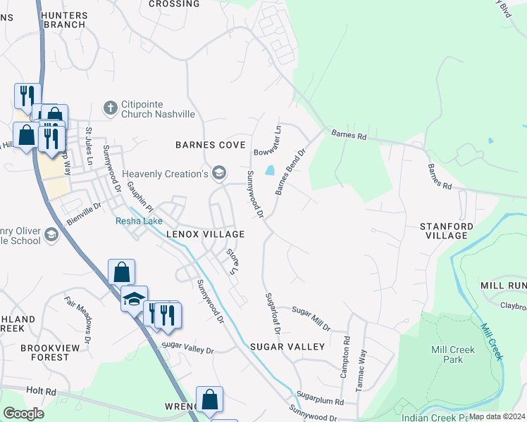 map of restaurants, bars, coffee shops, grocery stores, and more near 6429 Sunnywood Drive in Nashville