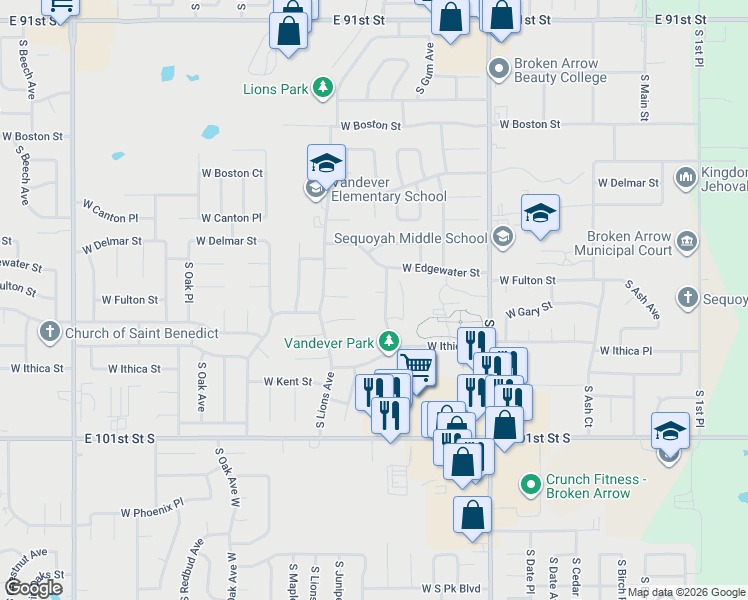 map of restaurants, bars, coffee shops, grocery stores, and more near 1100 West Fulton Street in Broken Arrow