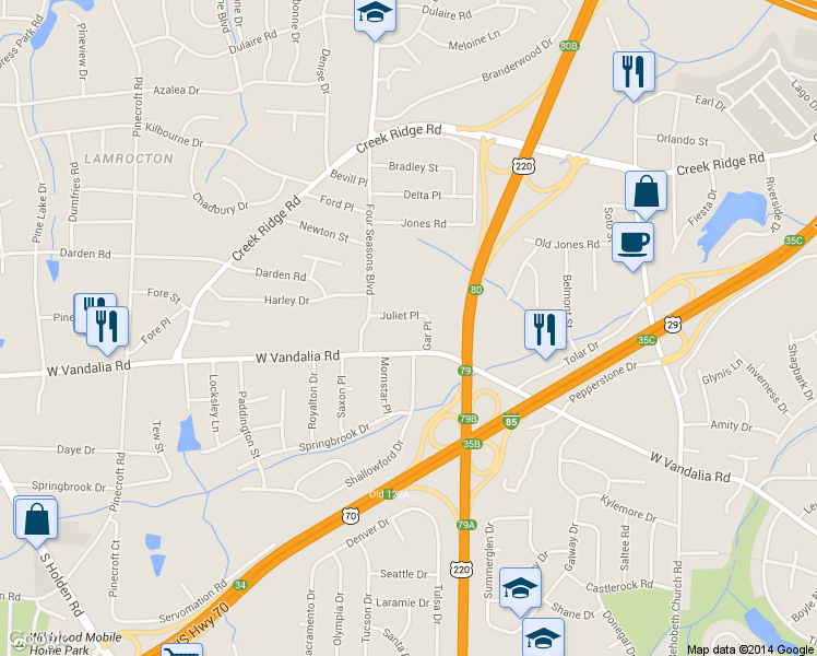 map of restaurants, bars, coffee shops, grocery stores, and more near 2307 Juliet Pl in Greensboro