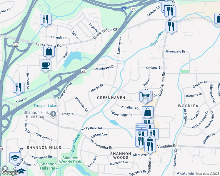 map of restaurants, bars, coffee shops, grocery stores, and more near 3700 Lynhaven Drive in Greensboro