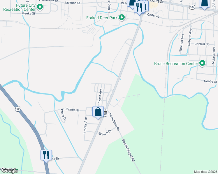 map of restaurants, bars, coffee shops, grocery stores, and more near 621 Horner Road in Dyersburg