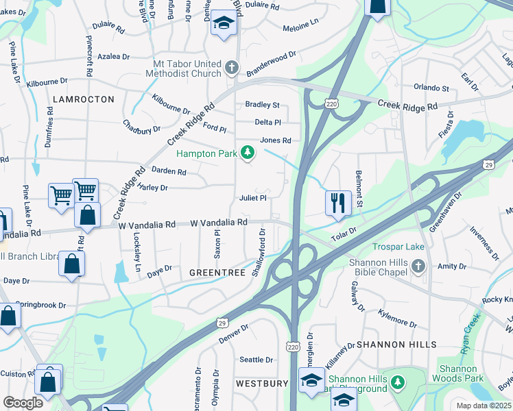 map of restaurants, bars, coffee shops, grocery stores, and more near 2309 Juliet Place in Greensboro