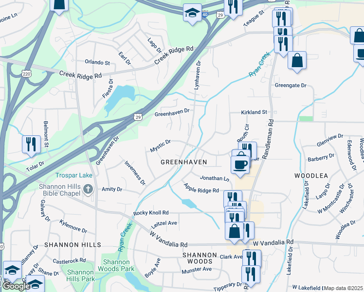 map of restaurants, bars, coffee shops, grocery stores, and more near 3700 Lynhaven Drive in Greensboro
