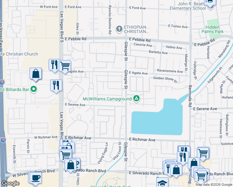 map of restaurants, bars, coffee shops, grocery stores, and more near 197 Greenwich Village Avenue in Las Vegas