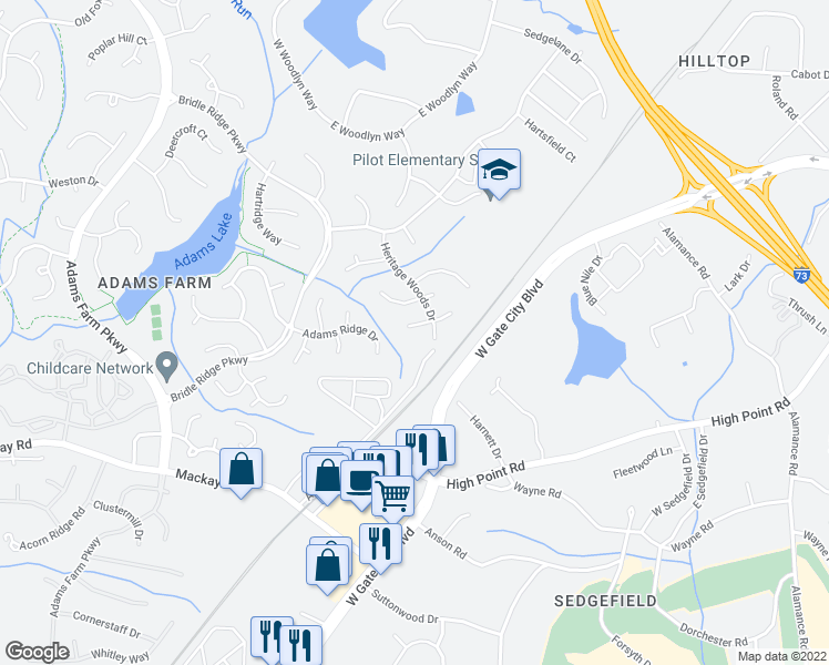 map of restaurants, bars, coffee shops, grocery stores, and more near 4905 Heritage Woods Court in Greensboro
