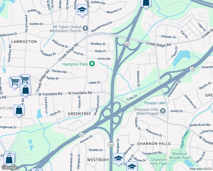 map of restaurants, bars, coffee shops, grocery stores, and more near 3301 Gar Place in Greensboro