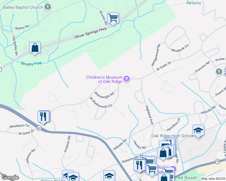 map of restaurants, bars, coffee shops, grocery stores, and more near 122 South Walker Lane in Oak Ridge