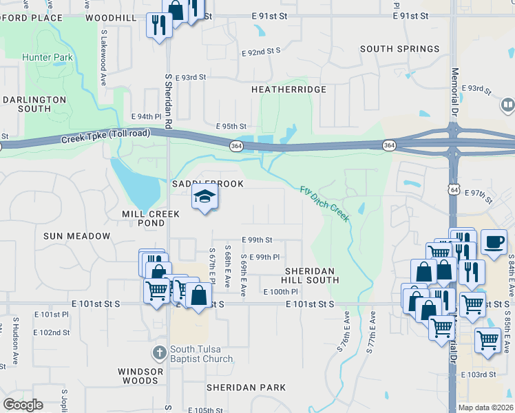 map of restaurants, bars, coffee shops, grocery stores, and more near 9704 South 70th East Avenue in Tulsa