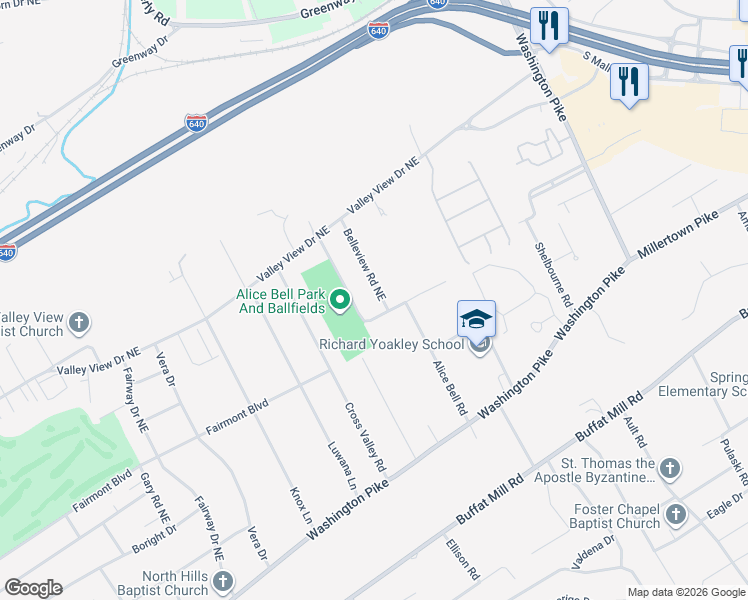 map of restaurants, bars, coffee shops, grocery stores, and more near 3403 Belleview Road Northeast in Knoxville