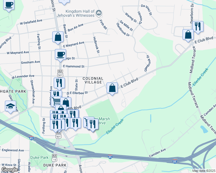 map of restaurants, bars, coffee shops, grocery stores, and more near 2406 Stephenson Street in Durham