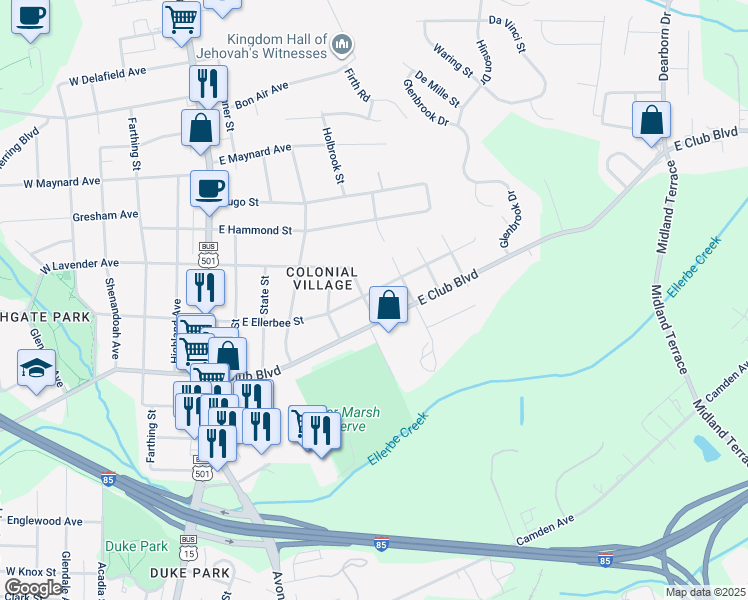 map of restaurants, bars, coffee shops, grocery stores, and more near 2406 Stephenson Street in Durham