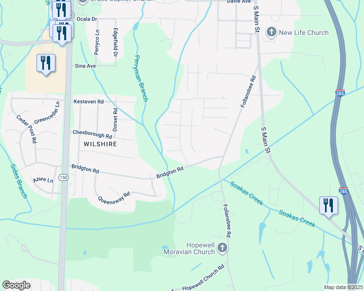 map of restaurants, bars, coffee shops, grocery stores, and more near 4941 Bridgton Place Drive in Winston-Salem