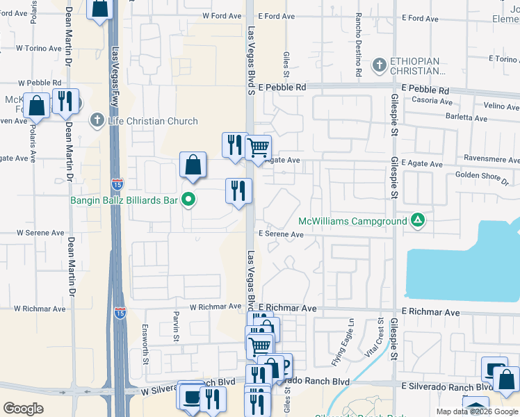 map of restaurants, bars, coffee shops, grocery stores, and more near 32 East Serene Avenue in Las Vegas