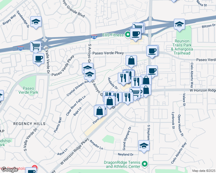 map of restaurants, bars, coffee shops, grocery stores, and more near 1479 Arroyo Verde Drive in Henderson