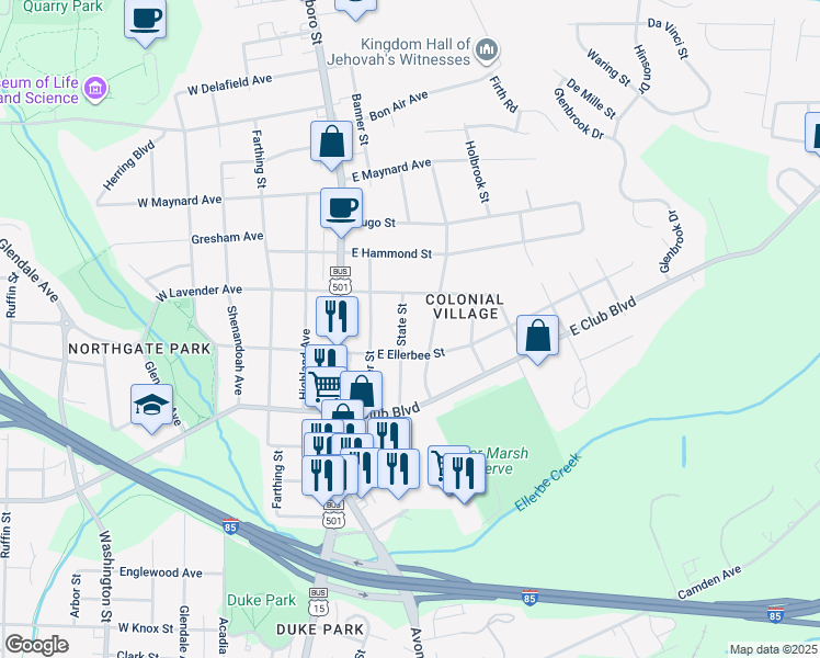 map of restaurants, bars, coffee shops, grocery stores, and more near 2510 State Street in Durham