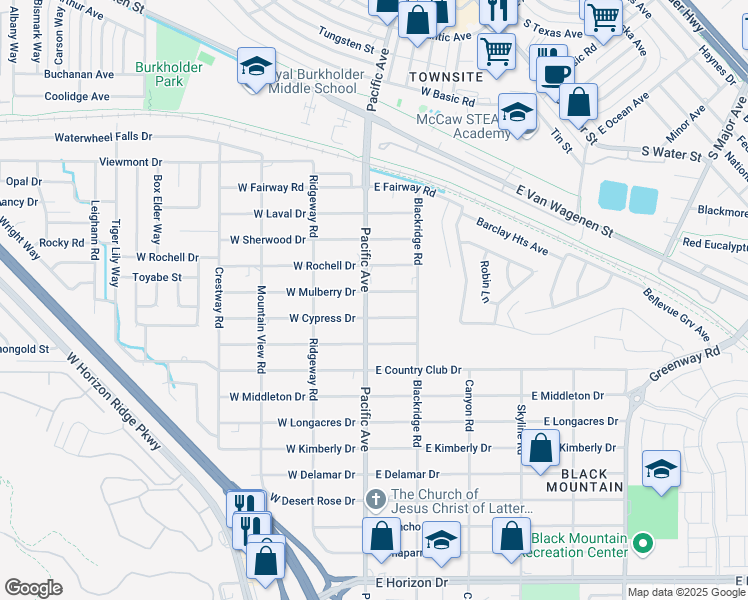 map of restaurants, bars, coffee shops, grocery stores, and more near 101 East Mulberry Drive in Henderson