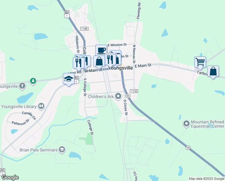 map of restaurants, bars, coffee shops, grocery stores, and more near 217 Southeast Railroad Street in Youngsville