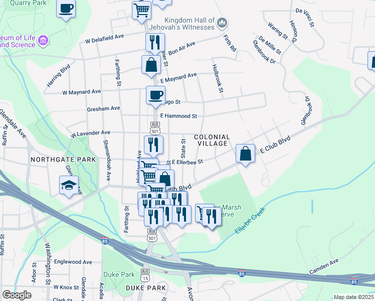 map of restaurants, bars, coffee shops, grocery stores, and more near 2510 State Street in Durham