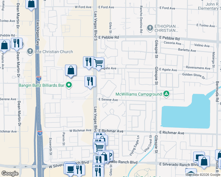 map of restaurants, bars, coffee shops, grocery stores, and more near 56 East Serene Avenue in Las Vegas
