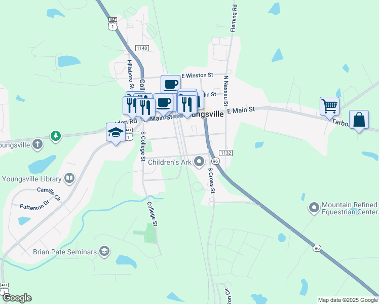 map of restaurants, bars, coffee shops, grocery stores, and more near 217 Southeast Railroad Street in Youngsville