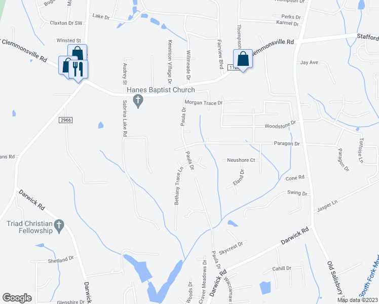 map of restaurants, bars, coffee shops, grocery stores, and more near 4433 Paula Drive in Winston-Salem