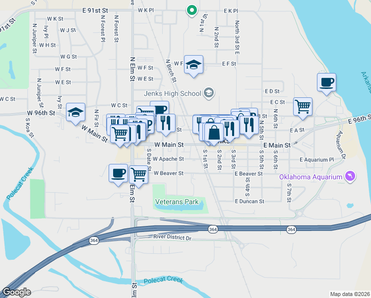 map of restaurants, bars, coffee shops, grocery stores, and more near 202 West Main Street in Jenks