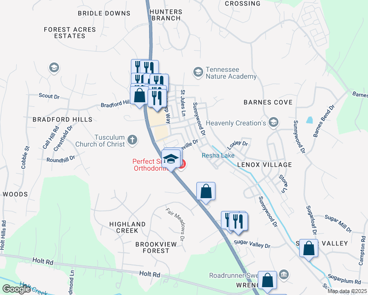 map of restaurants, bars, coffee shops, grocery stores, and more near Bienville Drive in Nashville