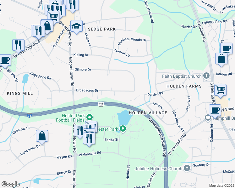 map of restaurants, bars, coffee shops, grocery stores, and more near 3811 Broadacres Drive in Greensboro