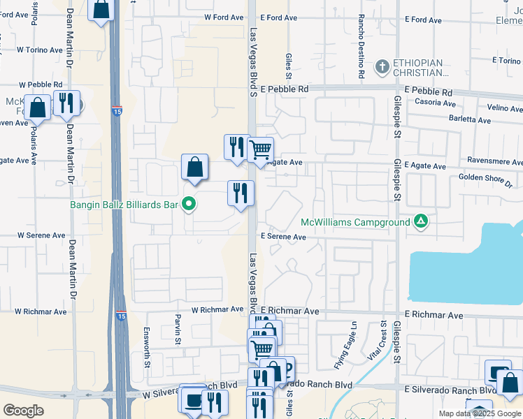 map of restaurants, bars, coffee shops, grocery stores, and more near 32 East Serene Avenue in Las Vegas