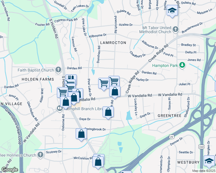 map of restaurants, bars, coffee shops, grocery stores, and more near 2807 Pine Knoll Place in Greensboro