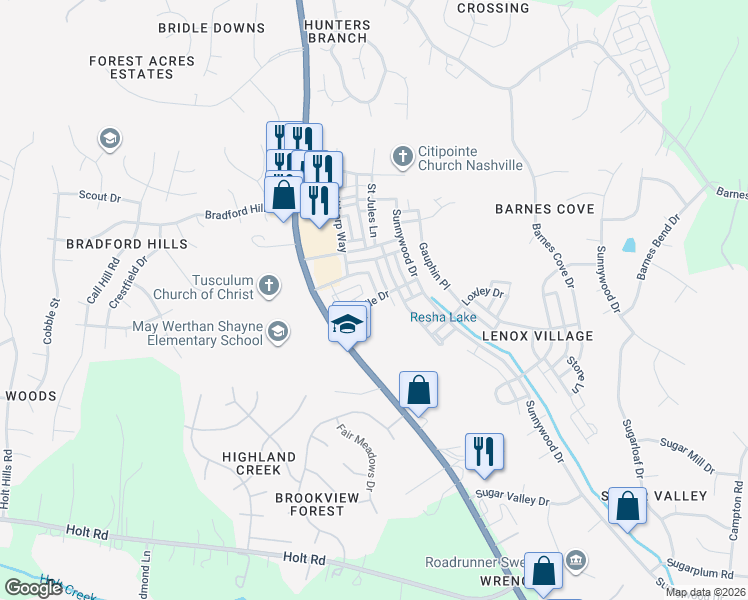 map of restaurants, bars, coffee shops, grocery stores, and more near Bienville Drive in Nashville