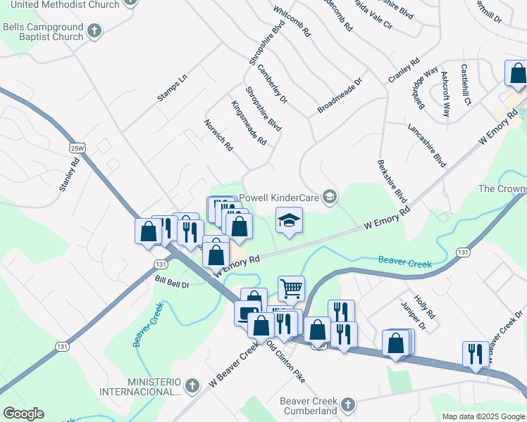 map of restaurants, bars, coffee shops, grocery stores, and more near 3329 West Emory Road in Powell