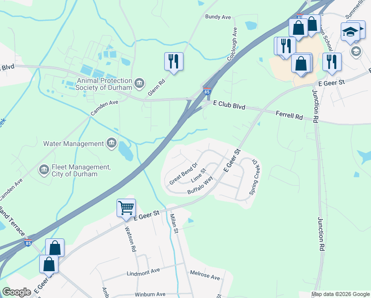 map of restaurants, bars, coffee shops, grocery stores, and more near 1403 Glenbrittle Drive in Durham