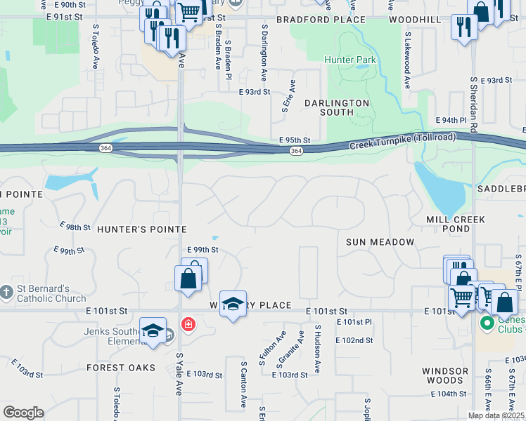 map of restaurants, bars, coffee shops, grocery stores, and more near 9720 South Darlington Avenue in Tulsa