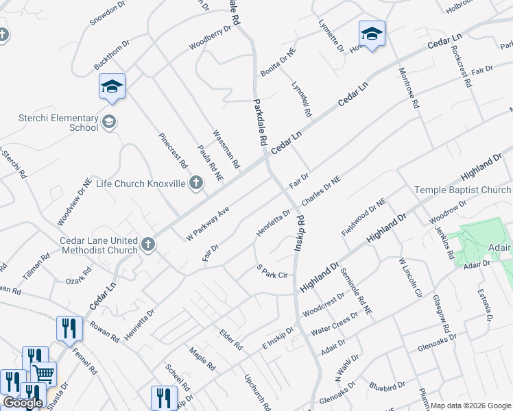 map of restaurants, bars, coffee shops, grocery stores, and more near 1145 Fair Drive in Knoxville