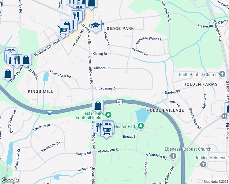 map of restaurants, bars, coffee shops, grocery stores, and more near 3915 Broadacres Drive in Greensboro
