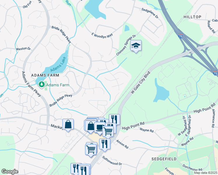 map of restaurants, bars, coffee shops, grocery stores, and more near 4914 Heritage Woods Court in Greensboro