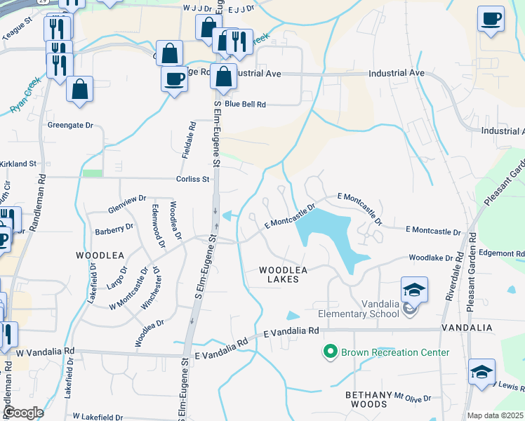 map of restaurants, bars, coffee shops, grocery stores, and more near 309 East Montcastle Drive in Greensboro