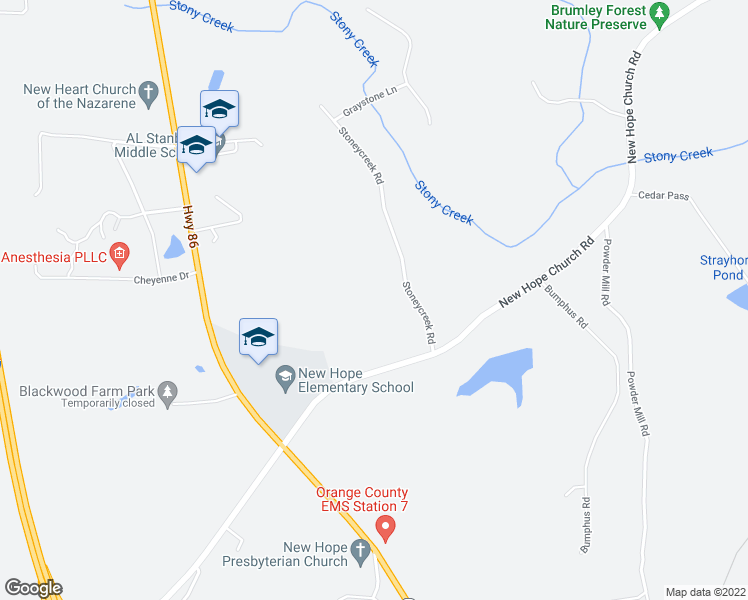 map of restaurants, bars, coffee shops, grocery stores, and more near 4019 Stoneycreek Road in Chapel Hill