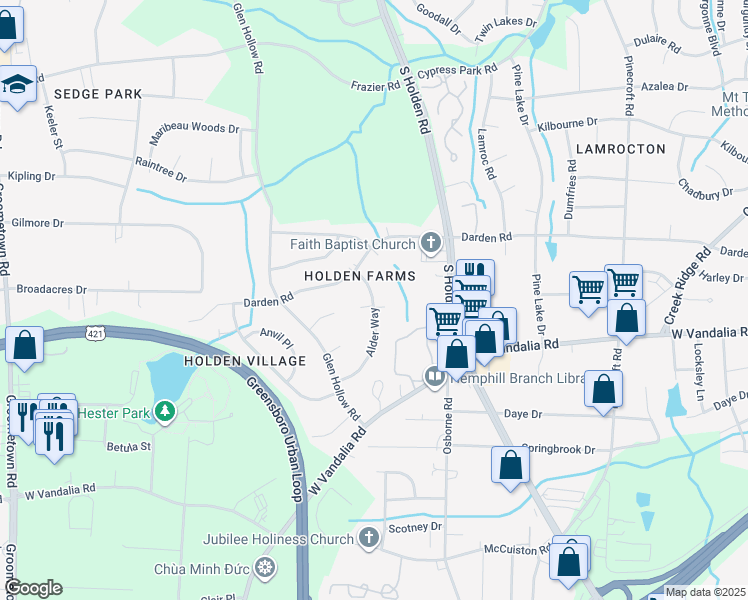 map of restaurants, bars, coffee shops, grocery stores, and more near 3107 Alder Way in Greensboro