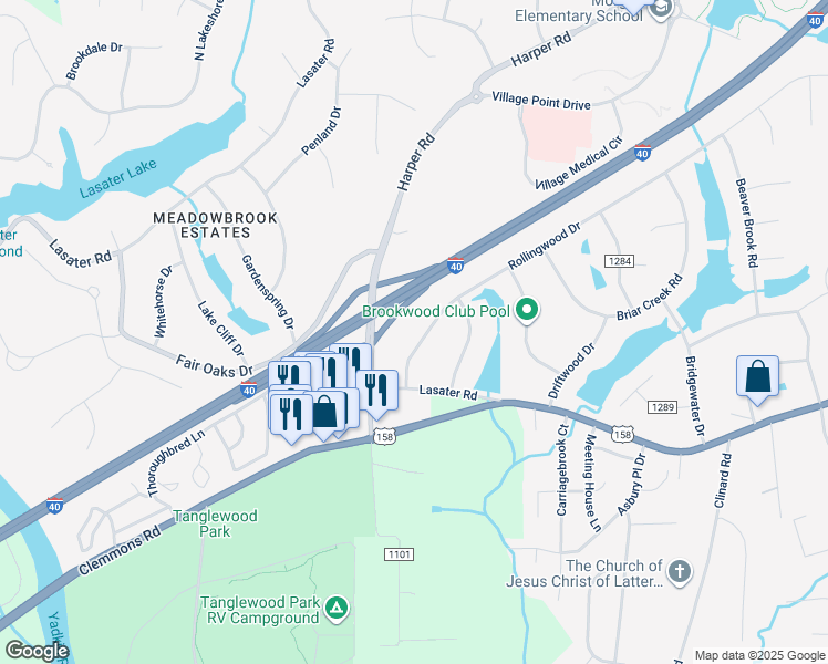 map of restaurants, bars, coffee shops, grocery stores, and more near 6850 Rollingwood Drive in Clemmons