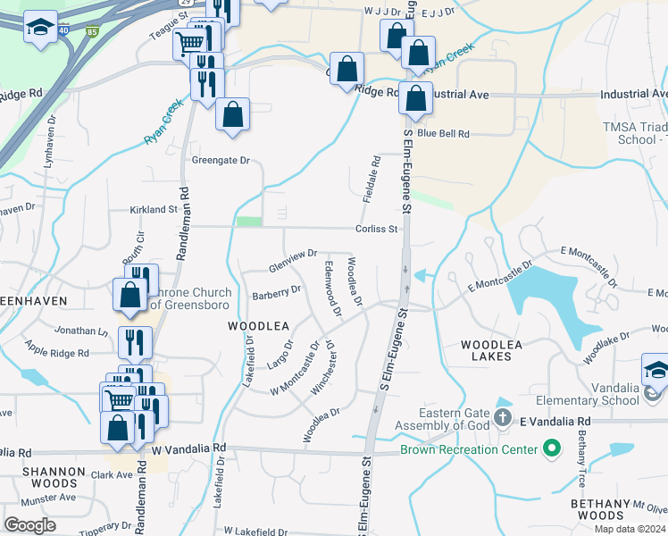 map of restaurants, bars, coffee shops, grocery stores, and more near 3215 Edenwood Drive in Greensboro
