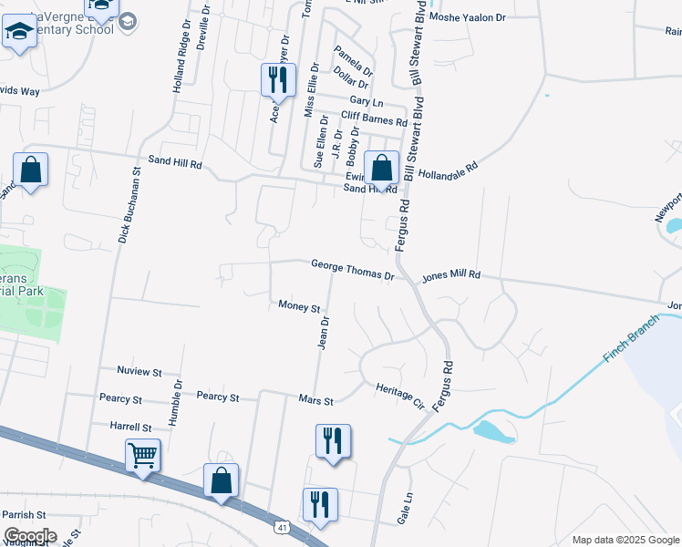 map of restaurants, bars, coffee shops, grocery stores, and more near 510 Jean Drive in La Vergne
