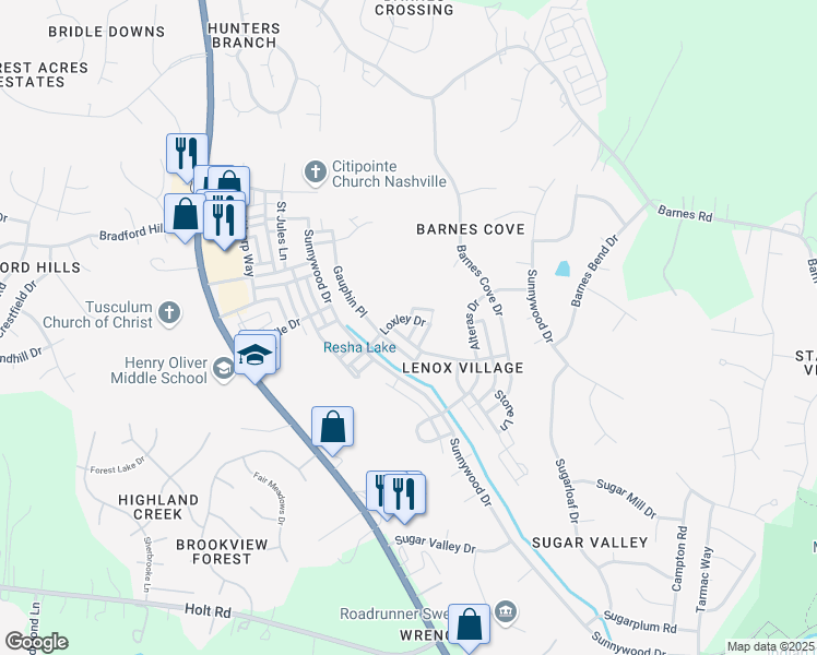 map of restaurants, bars, coffee shops, grocery stores, and more near 9107 Otter Lane in Nashville