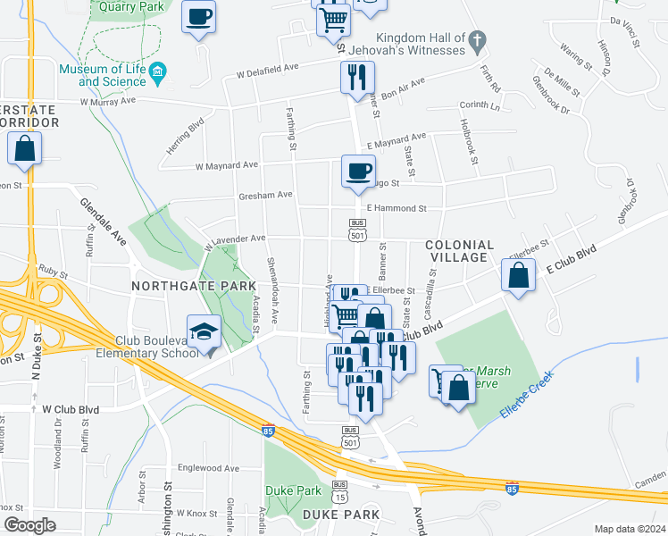 map of restaurants, bars, coffee shops, grocery stores, and more near 2510 Highland Avenue in Durham