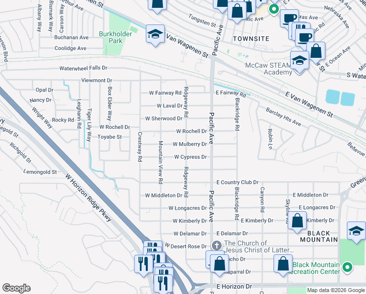 map of restaurants, bars, coffee shops, grocery stores, and more near 201 West Mulberry Drive in Henderson