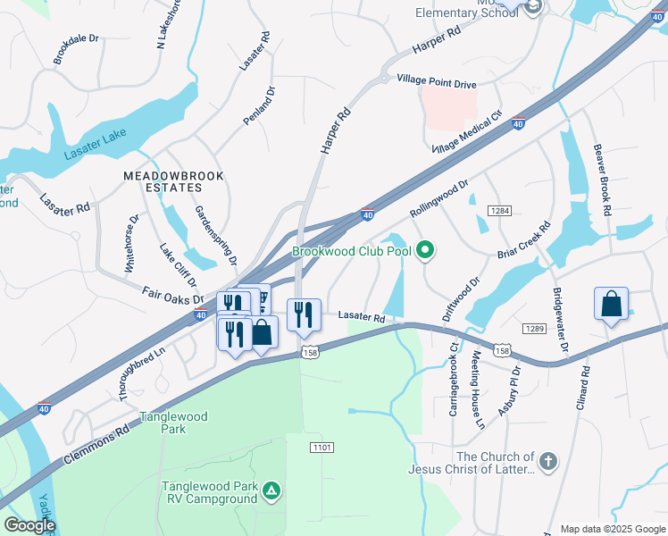 map of restaurants, bars, coffee shops, grocery stores, and more near 6850 Rollingwood Drive in Clemmons