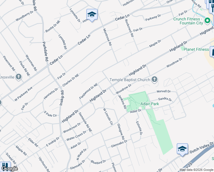 map of restaurants, bars, coffee shops, grocery stores, and more near 1515 Highland Drive in Knoxville