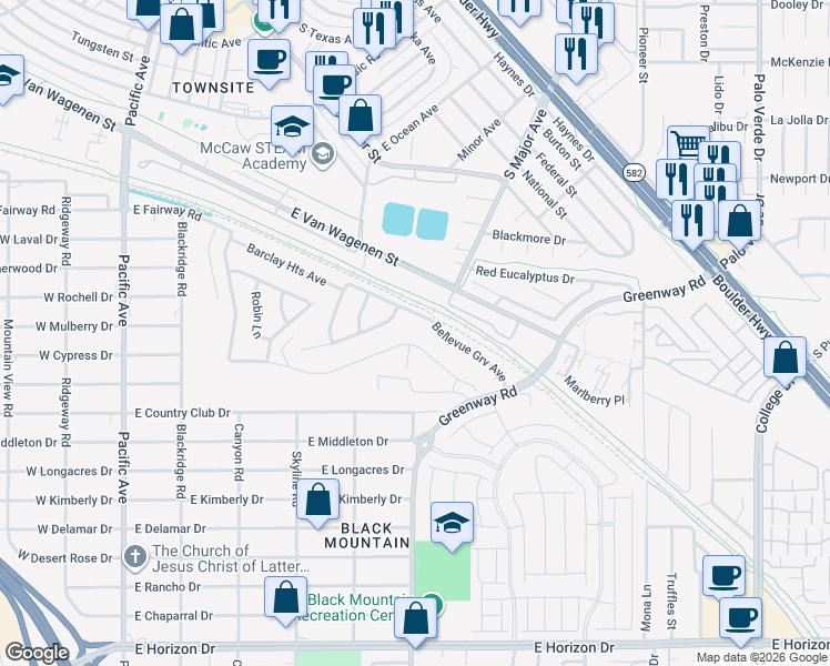 map of restaurants, bars, coffee shops, grocery stores, and more near 518 East Fairway Road in Henderson