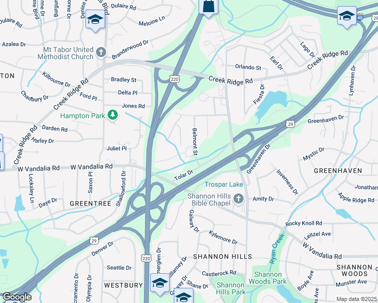 map of restaurants, bars, coffee shops, grocery stores, and more near 3640 Belmont Street in Greensboro